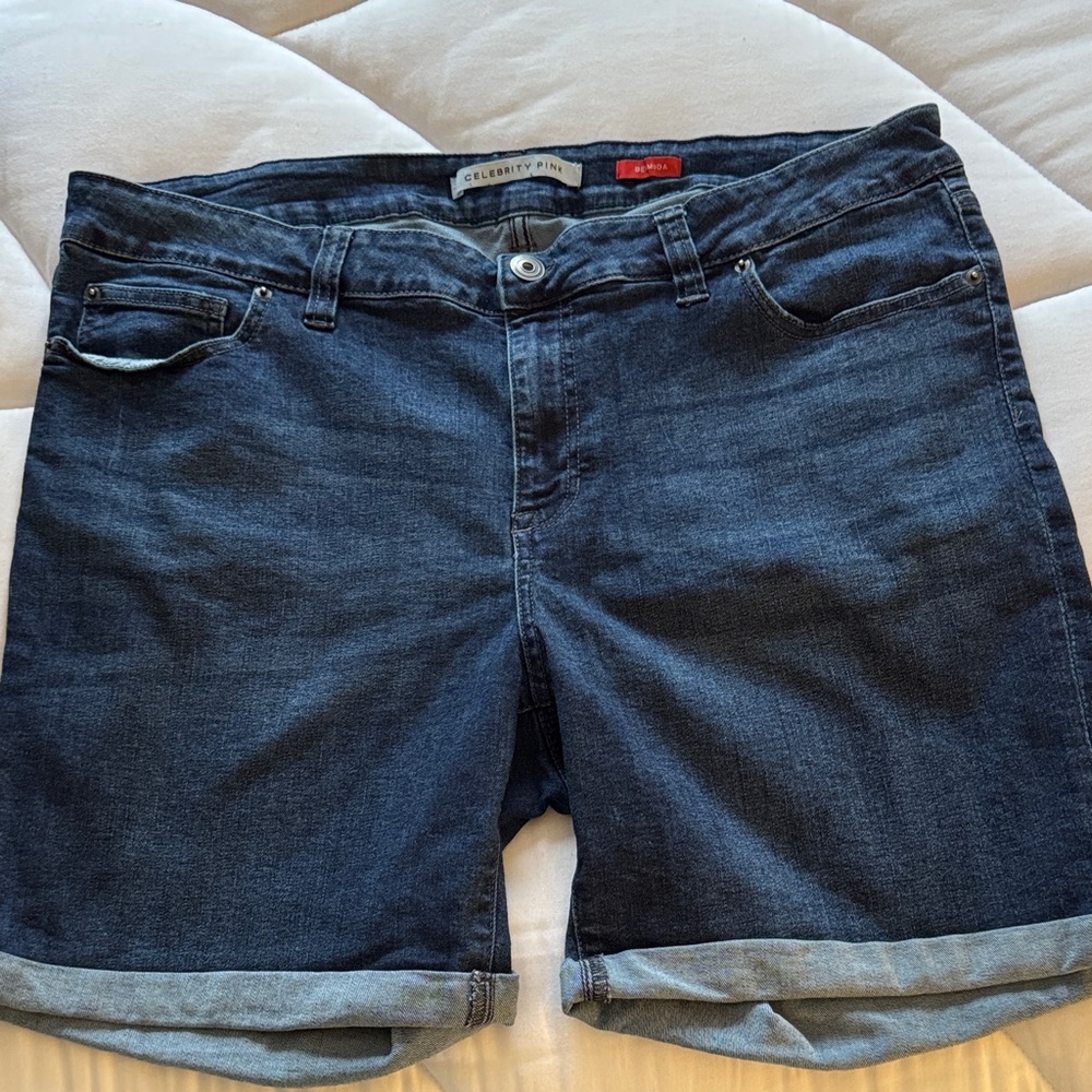 Celebrity Pink Dark Blue Denim Bermuda Shorts. Comfortable stretch material.